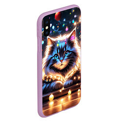 Чехол iPhone XS Max матовый Кот с гирляндой среди новогодних украшений, цвет: 3D-сиреневый — фото 2