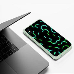 Чехол iPhone XS Max матовый Зеленые неоновые неполные гексагоны, цвет: 3D-салатовый — фото 2