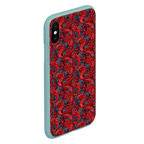 Чехол iPhone XS Max матовый Красные драконы паттерн / 3D-Мятный – фото 2