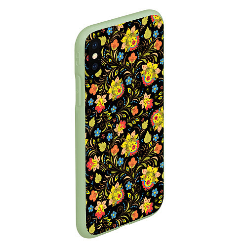Чехол iPhone XS Max матовый Хохломская роспись разноцветные цветы / 3D-Салатовый – фото 2