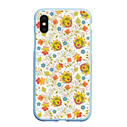 Чехол iPhone XS Max матовый Хохломская роспись разноцветные цветы на белом фон, цвет: 3D-голубой