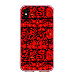 Чехол iPhone XS Max матовый Хохломская роспись красные цветы и ягоды на чёрном