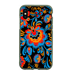 Чехол iPhone XS Max матовый Хохломская роспись разноцветные цветы на чёроном ф