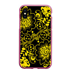 Чехол iPhone XS Max матовый Хохломская роспись золотые цветы на чёроном фоне