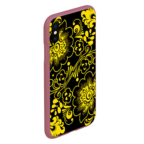 Чехол iPhone XS Max матовый Хохломская роспись золотые цветы на чёроном фоне / 3D-Малиновый – фото 2