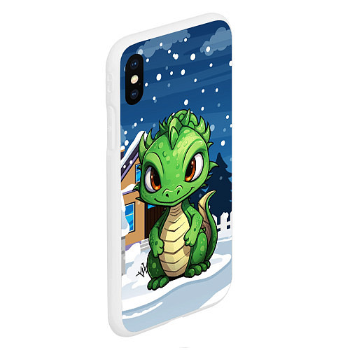 Чехол iPhone XS Max матовый Маленький зеленый новогодний дракон на фоне снега / 3D-Белый – фото 2