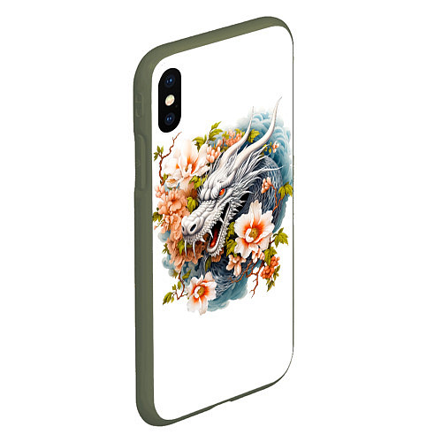 Чехол iPhone XS Max матовый Китайский дракон в цветах сакуры / 3D-Темно-зеленый – фото 2