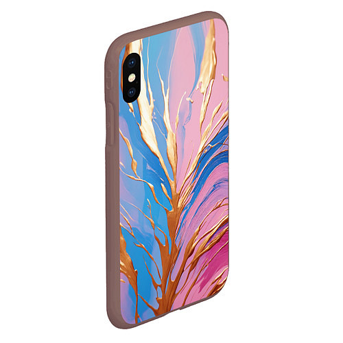 Чехол iPhone XS Max матовый Жидкая краска синего и розового цвета с золотой кр / 3D-Коричневый – фото 2