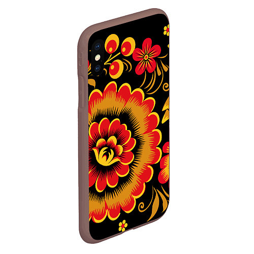 Чехол iPhone XS Max матовый Хохломская роспись красно-жёлтые цветы на чёрном ф / 3D-Коричневый – фото 2