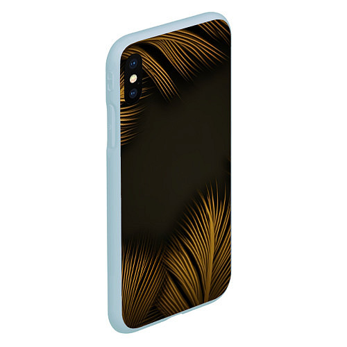 Чехол iPhone XS Max матовый Тонкие золотые листья на черном фоне / 3D-Голубой – фото 2