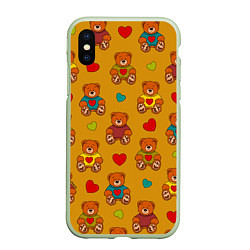 Чехол iPhone XS Max матовый Игрушечные мишки и разноцветные сердца, цвет: 3D-салатовый