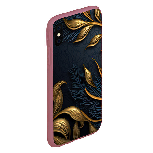 Чехол iPhone XS Max матовый Лепнина объемные золотые узоры на темном синем фон / 3D-Малиновый – фото 2