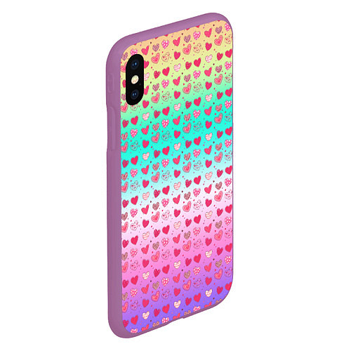 Чехол iPhone XS Max матовый Паттерн сердечки на разноцветном фоне / 3D-Фиолетовый – фото 2