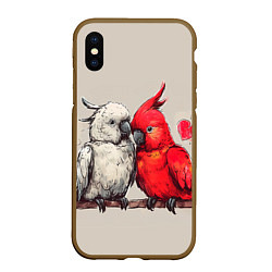 Чехол iPhone XS Max матовый Влюбленные попугаи 14 февраля, цвет: 3D-коричневый