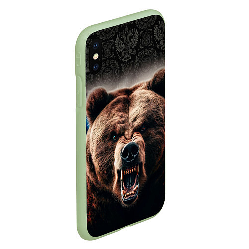 Чехол iPhone XS Max матовый Агрессивный медведь на фоне флага России / 3D-Салатовый – фото 2