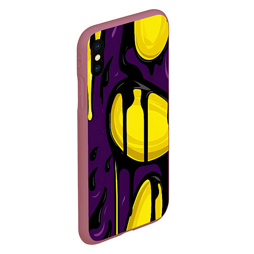 Чехол iPhone XS Max матовый Желтые яркие пятна краски на фиолетовом / 3D-Малиновый – фото 2