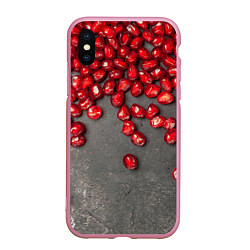 Чехол iPhone XS Max матовый Гранат зёрна граната на сером, цвет: 3D-розовый