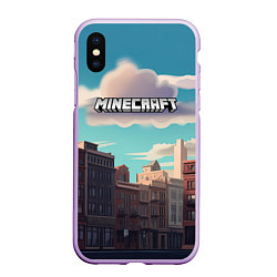 Чехол iPhone XS Max матовый Minecraft город и лого, цвет: 3D-сиреневый