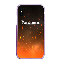 Чехол iPhone XS Max матовый Palworld лого на фоне огня, цвет: 3D-сиреневый