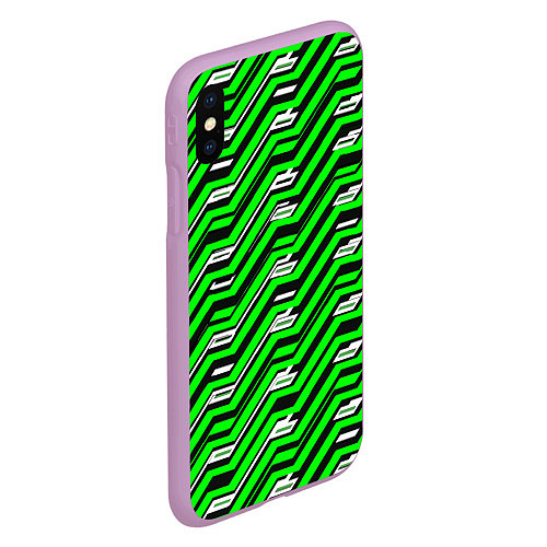Чехол iPhone XS Max матовый Чёрно-зелёный линейный узор киберпанк / 3D-Сиреневый – фото 2