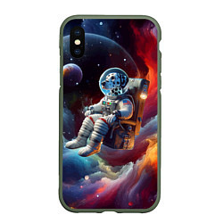 Чехол iPhone XS Max матовый Космонавт далматинец в неоновой галактике, цвет: 3D-темно-зеленый
