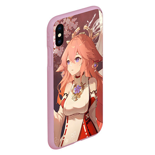 Чехол iPhone XS Max матовый Genshin Impact Яэ Miko smile kitsune / 3D-Розовый – фото 2