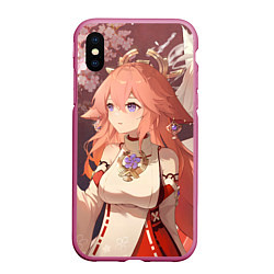 Чехол iPhone XS Max матовый Genshin Impact Яэ Miko smile kitsune, цвет: 3D-малиновый