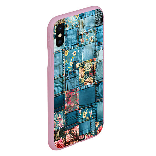 Чехол iPhone XS Max матовый Джинсовые лоскуты с цветочками / 3D-Розовый – фото 2