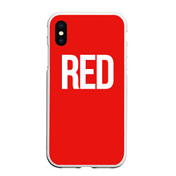 Чехол iPhone XS Max матовый Клубнично-красный со словом red, цвет: 3D-белый