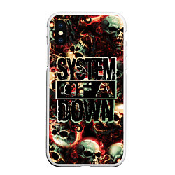 Чехол iPhone XS Max матовый System of a Down на фоне черепов, цвет: 3D-белый