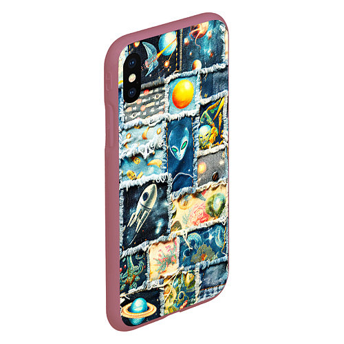Чехол iPhone XS Max матовый Космические обитатели - пэчворк / 3D-Малиновый – фото 2