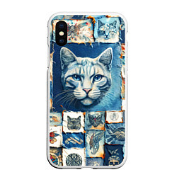 Чехол iPhone XS Max матовый Кошка на дениме - пэчворк