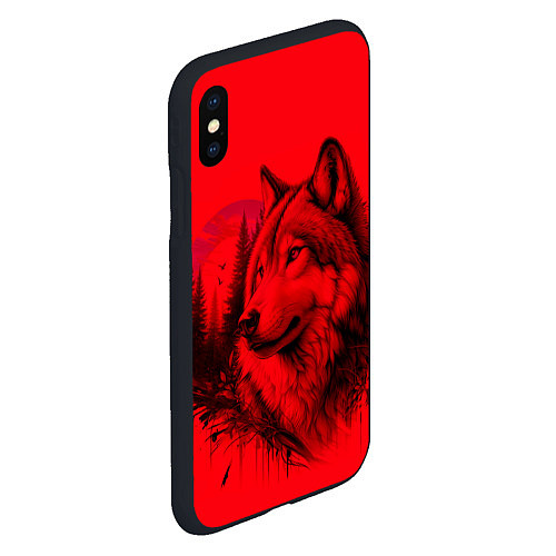 Чехол iPhone XS Max матовый Рисунок волка на красном / 3D-Черный – фото 2