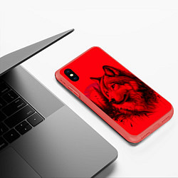 Чехол iPhone XS Max матовый Рисунок волка на красном, цвет: 3D-красный — фото 2