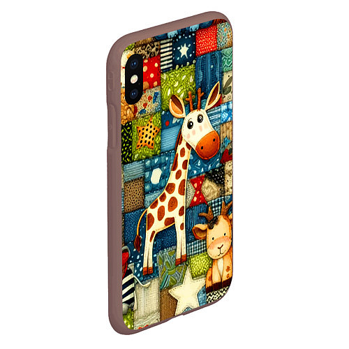 Чехол iPhone XS Max матовый Жираф и компания - пэчворк нейросеть / 3D-Коричневый – фото 2