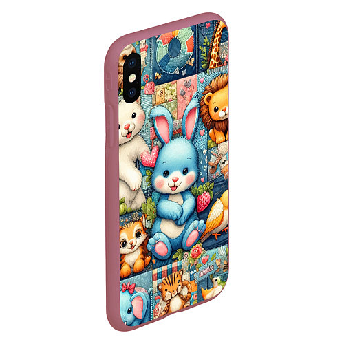 Чехол iPhone XS Max матовый Funny hare and his friends - patchwork / 3D-Малиновый – фото 2