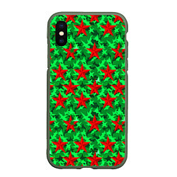Чехол iPhone XS Max матовый Красные звезды победы на зеленом камуфляже, цвет: 3D-темно-зеленый