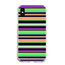 Чехол iPhone XS Max матовый Зелёно-фиолетовый полосатый, цвет: 3D-белый