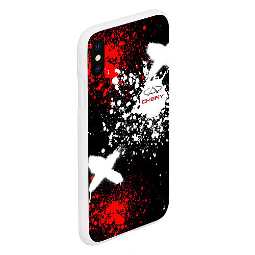 Чехол iPhone XS Max матовый Логотип Chery Automobile на фоне брызг красок / 3D-Белый – фото 2