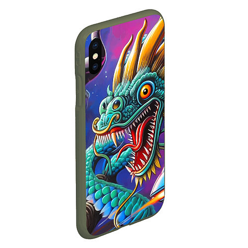 Чехол iPhone XS Max матовый Фантастическая космическая композиция с драконом - / 3D-Темно-зеленый – фото 2