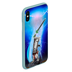 Чехол iPhone XS Max матовый Кот-рыцарь с мечом экскалибур под молниями, цвет: 3D-мятный — фото 2