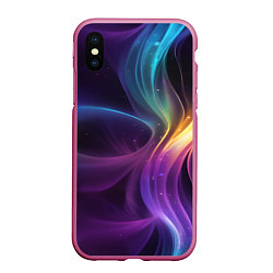 Чехол iPhone XS Max матовый Радужные неоновые волны и разводы на черном фоне, цвет: 3D-малиновый