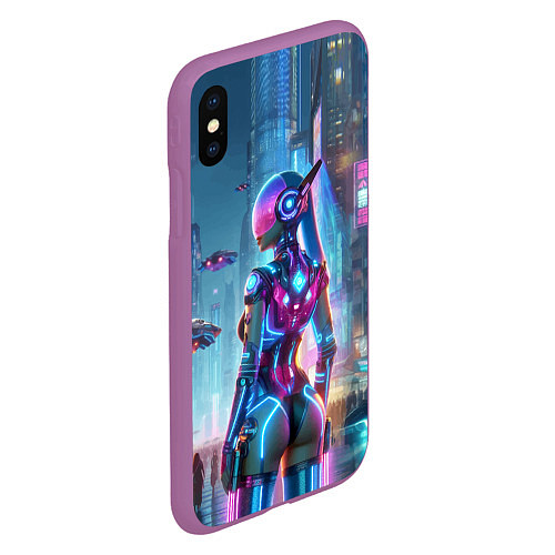 Чехол iPhone XS Max матовый Cyberpunk girl - neon glow ai art / 3D-Фиолетовый – фото 2