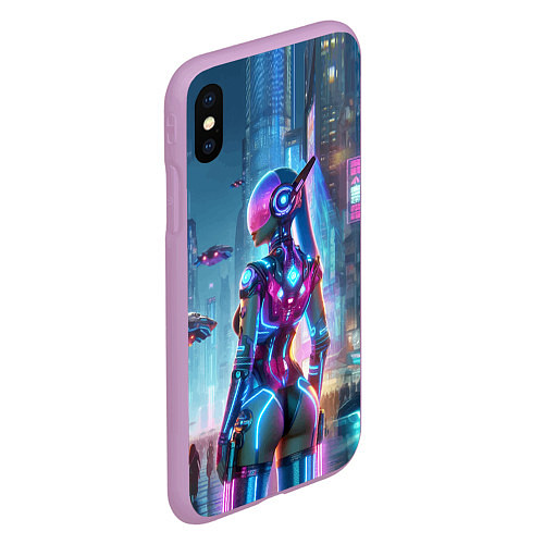 Чехол iPhone XS Max матовый Cyberpunk girl - neon glow ai art / 3D-Сиреневый – фото 2