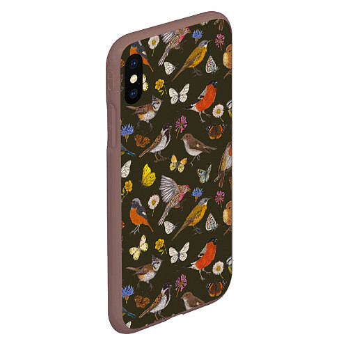 Чехол iPhone XS Max матовый Птицы и бабочки с цветами паттерн / 3D-Коричневый – фото 2
