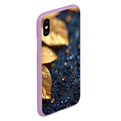 Чехол iPhone XS Max матовый Золотые листья на темном фоне / 3D-Сиреневый – фото 2