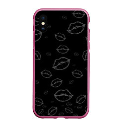 Чехол iPhone XS Max матовый Паттерн серый контур губ на чёрном - lips black, цвет: 3D-малиновый