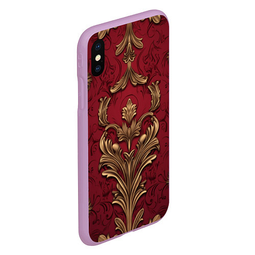 Чехол iPhone XS Max матовый Объемный золотой узор лепнины на красном текстурно / 3D-Сиреневый – фото 2
