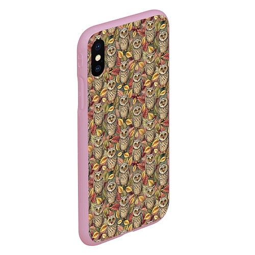 Чехол iPhone XS Max матовый Совы в листьях и цветах / 3D-Розовый – фото 2