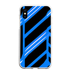 Чехол iPhone XS Max матовый Black and white stripes on a blue background, цвет: 3D-белый